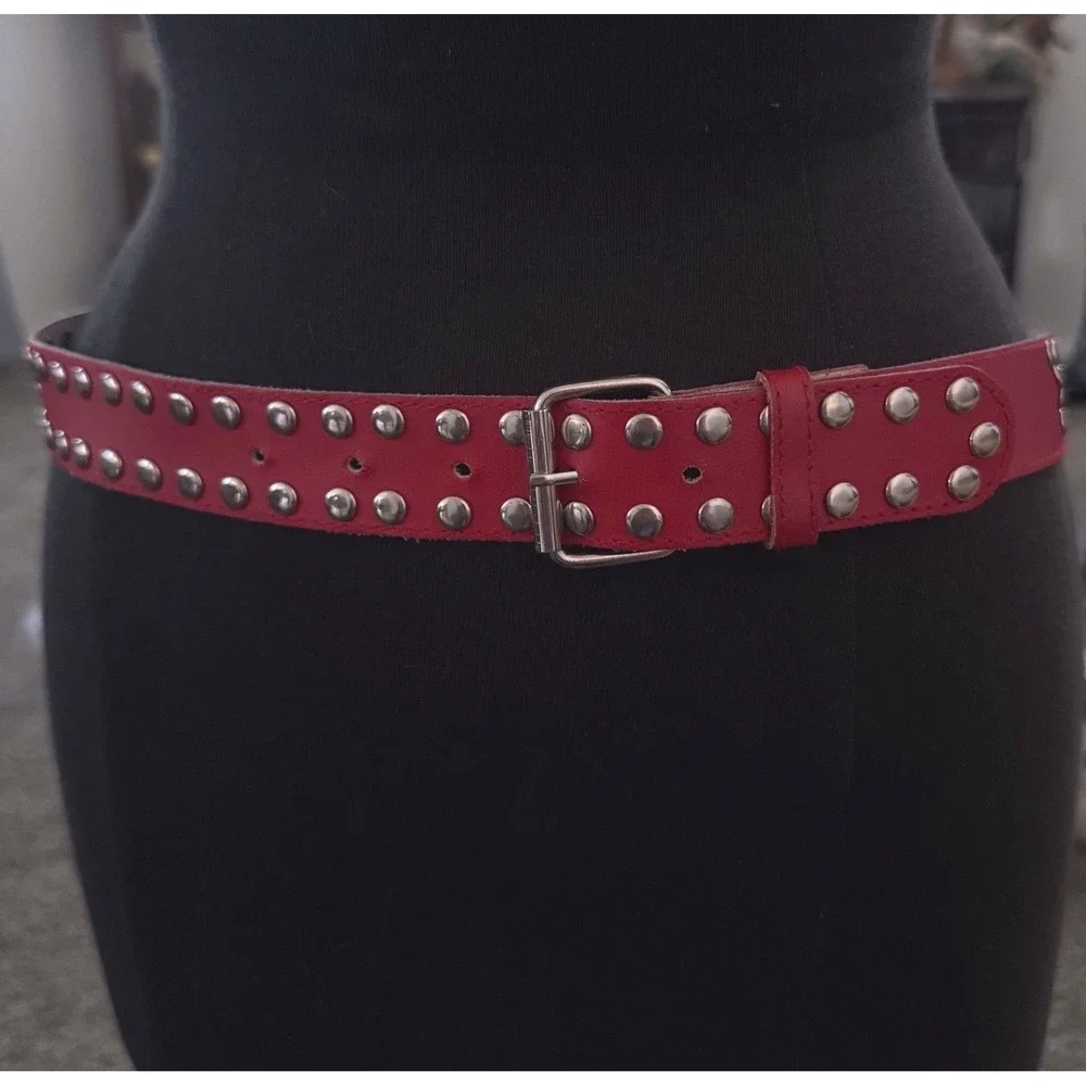 Red Leather Studded Star Belt Cabochons 80/90s Mall Goth Hong Kong Punk Rocker M